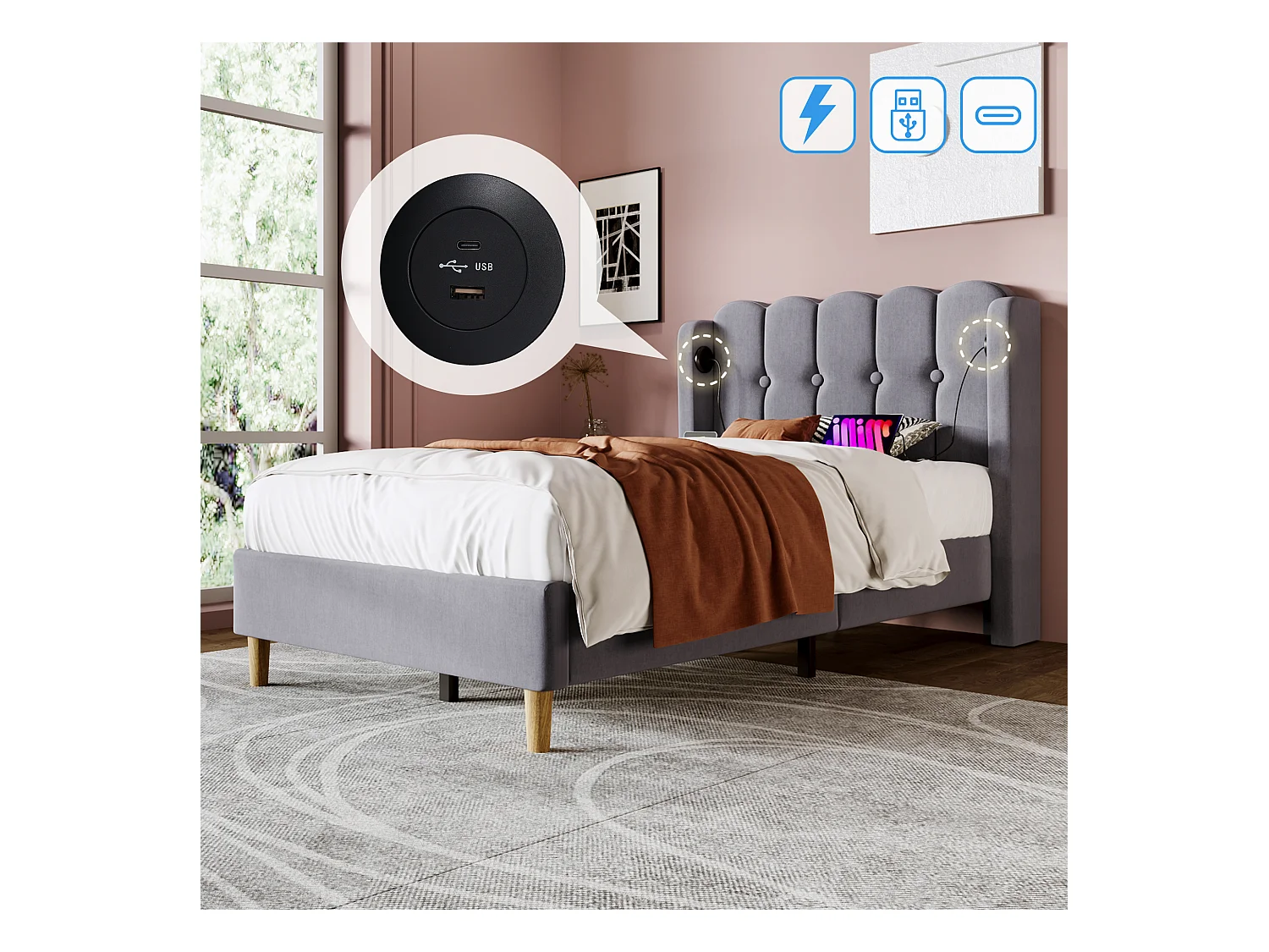 Lit enfant 90x200cm avec tête de lit ajouré, tissu en lin gris, avec USB, sommier à lattes, avec matelas