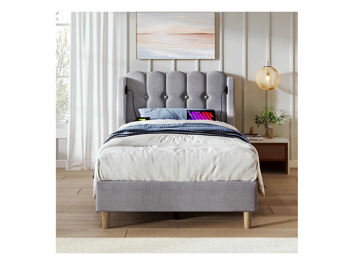 Lit enfant 90x200cm avec tête de lit ajouré, tissu en lin gris, avec USB, sommier à lattes, avec matelas