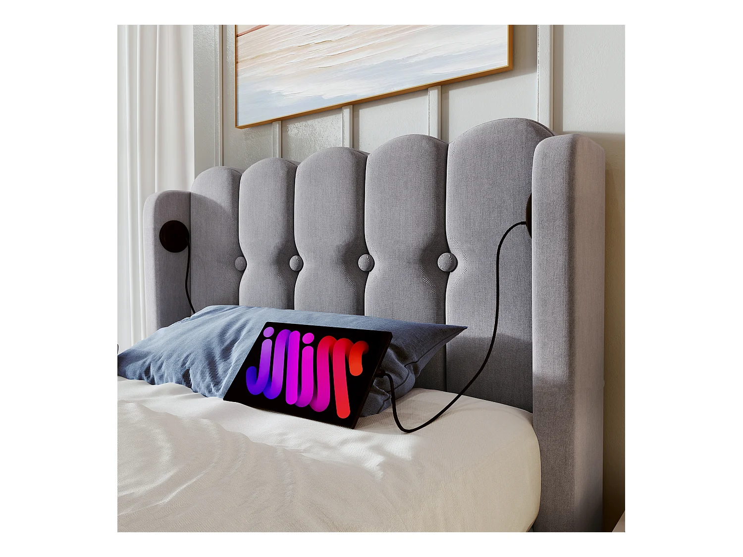 Lit enfant 90x200cm avec tête de lit ajouré, tissu en lin gris, avec USB, sommier à lattes, avec matelas