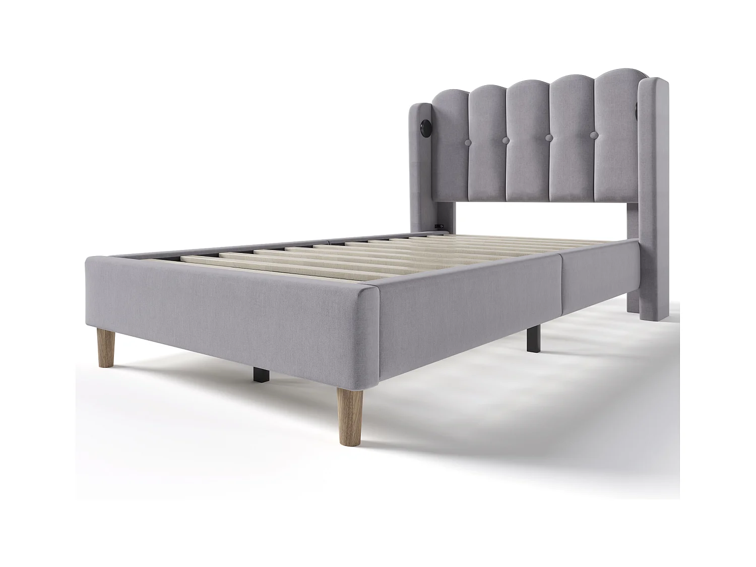 Lit enfant 90x200cm avec tête de lit ajouré, tissu en lin gris, avec USB, sommier à lattes, avec matelas