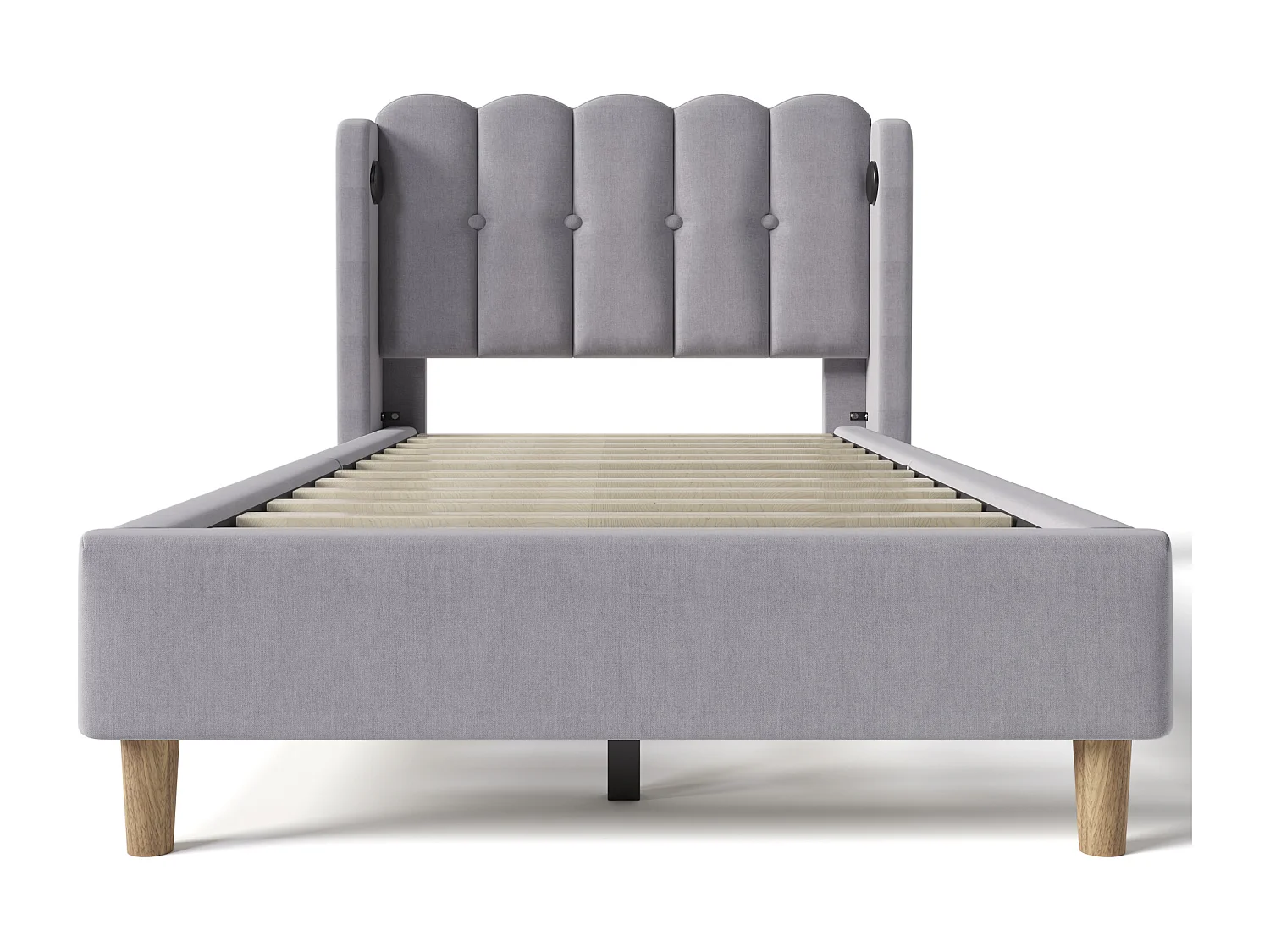 Letto per bambini 90x200cm con testiera traforata, tessuto di lino grigio, con USB, rete a doghe, con materasso