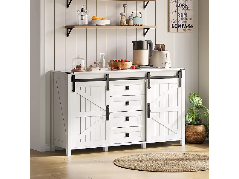 Credenza da cucina 137x40x81,5cm con 4 cassetti e 2 ante scorrevoli, struttura in MDF, bianca