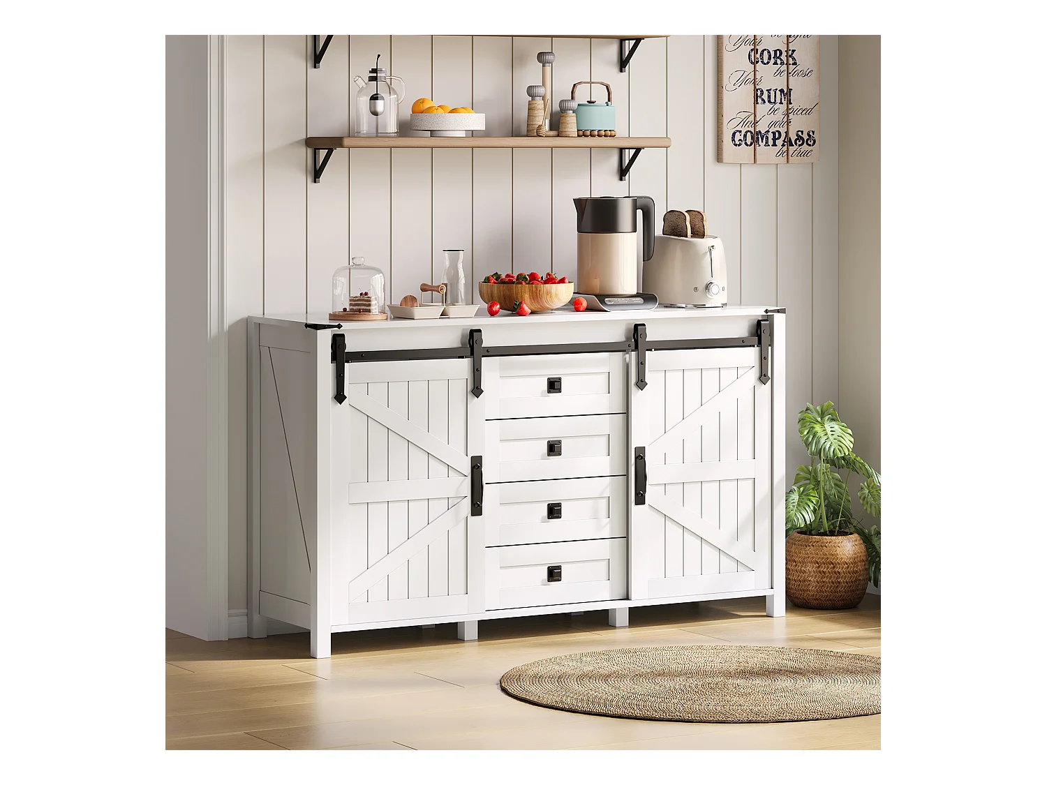 Buffet de cuisine 137x40x81.5cm avec 4 tiroirs et 2 portes coulissantes, cadre en MDF, blanc