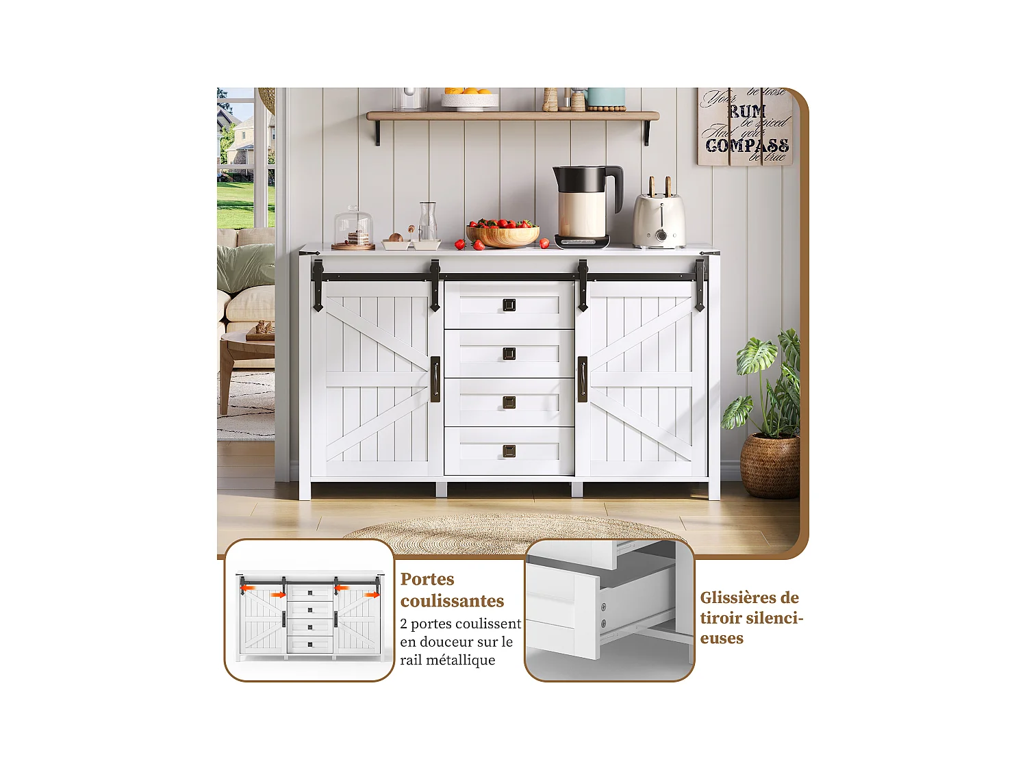 Buffet de cuisine 137x40x81.5cm avec 4 tiroirs et 2 portes coulissantes, cadre en MDF, blanc