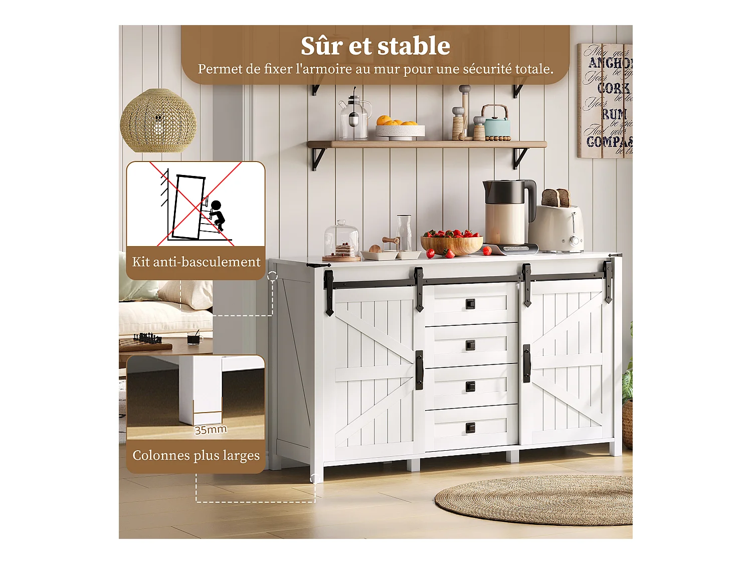 Buffet de cuisine 137x40x81.5cm avec 4 tiroirs et 2 portes coulissantes, cadre en MDF, blanc