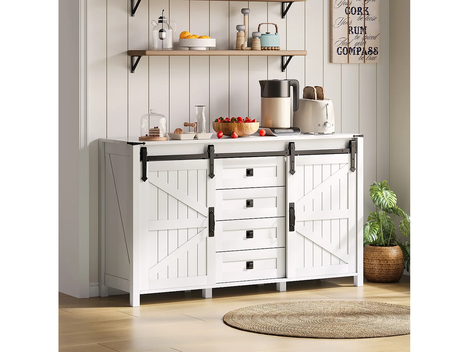 Aparador de cozinha 137x40x81,5cm com 4 gavetas e 2 portas de correr, estrutura em MDF, branco