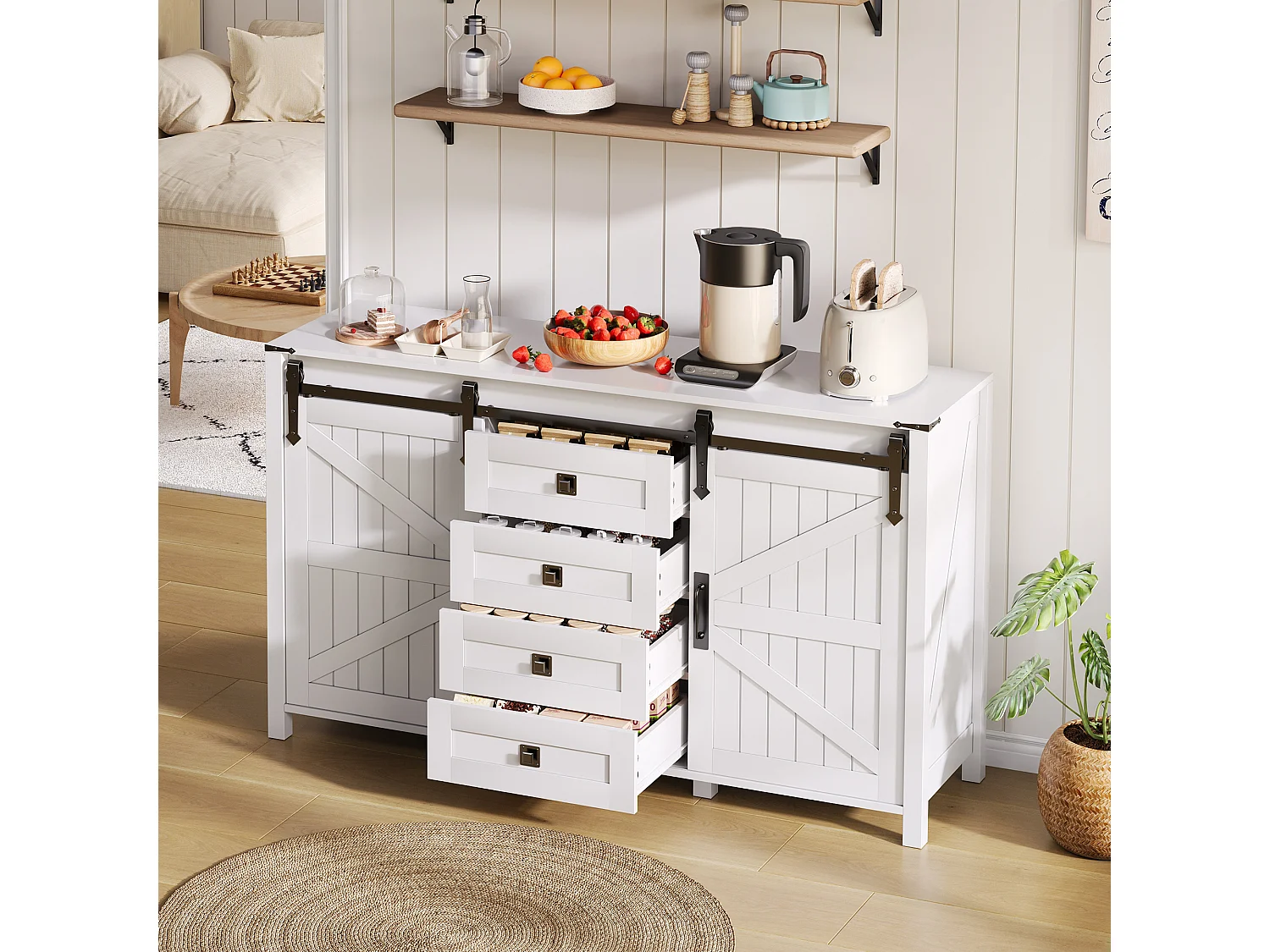 Aparador de cozinha 137x40x81,5cm com 4 gavetas e 2 portas de correr, estrutura em MDF, branco