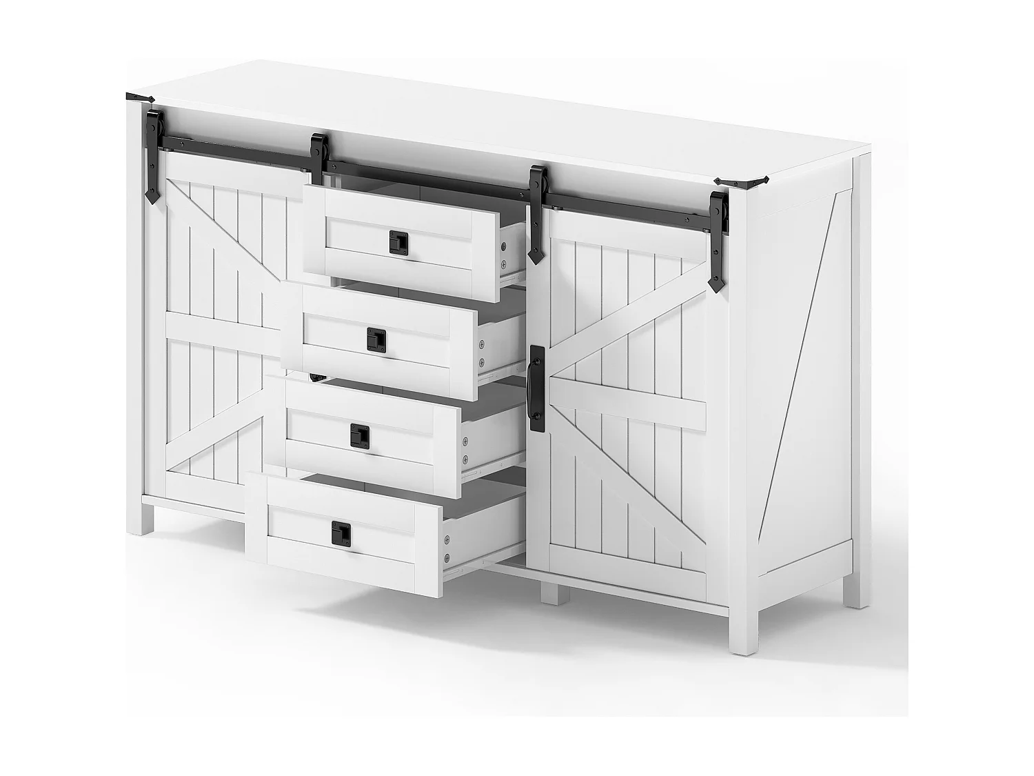 Aparador de cozinha 137x40x81,5cm com 4 gavetas e 2 portas de correr, estrutura em MDF, branco