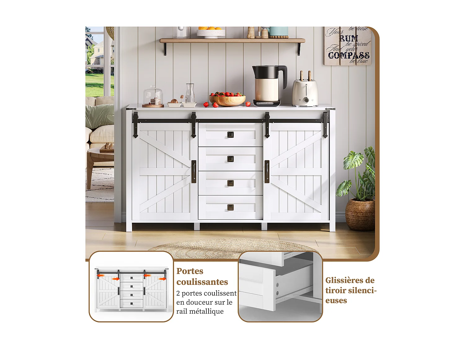 Aparador de cozinha 137x40x81,5cm com 4 gavetas e 2 portas de correr, estrutura em MDF, branco