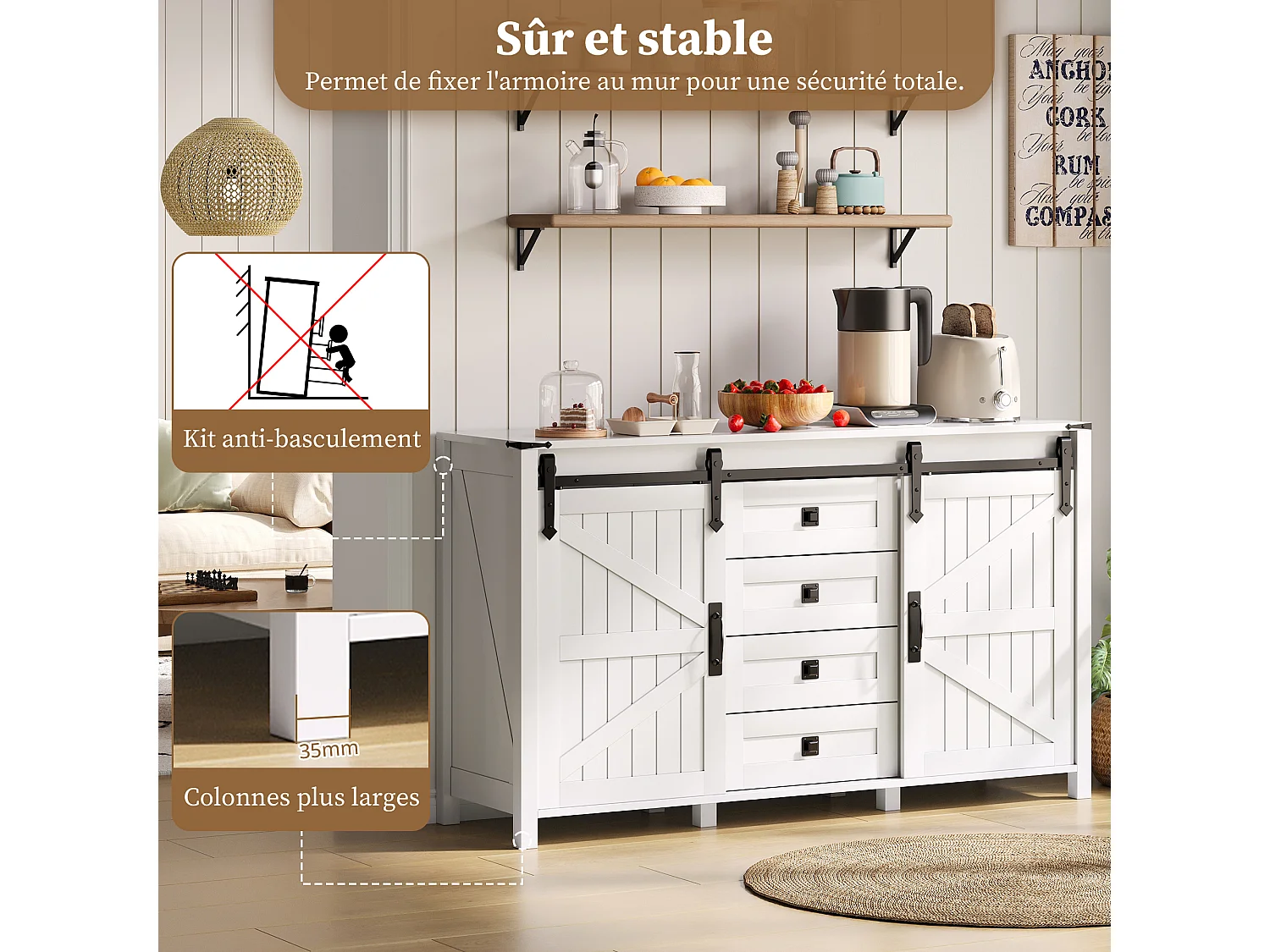 Aparador de cozinha 137x40x81,5cm com 4 gavetas e 2 portas de correr, estrutura em MDF, branco