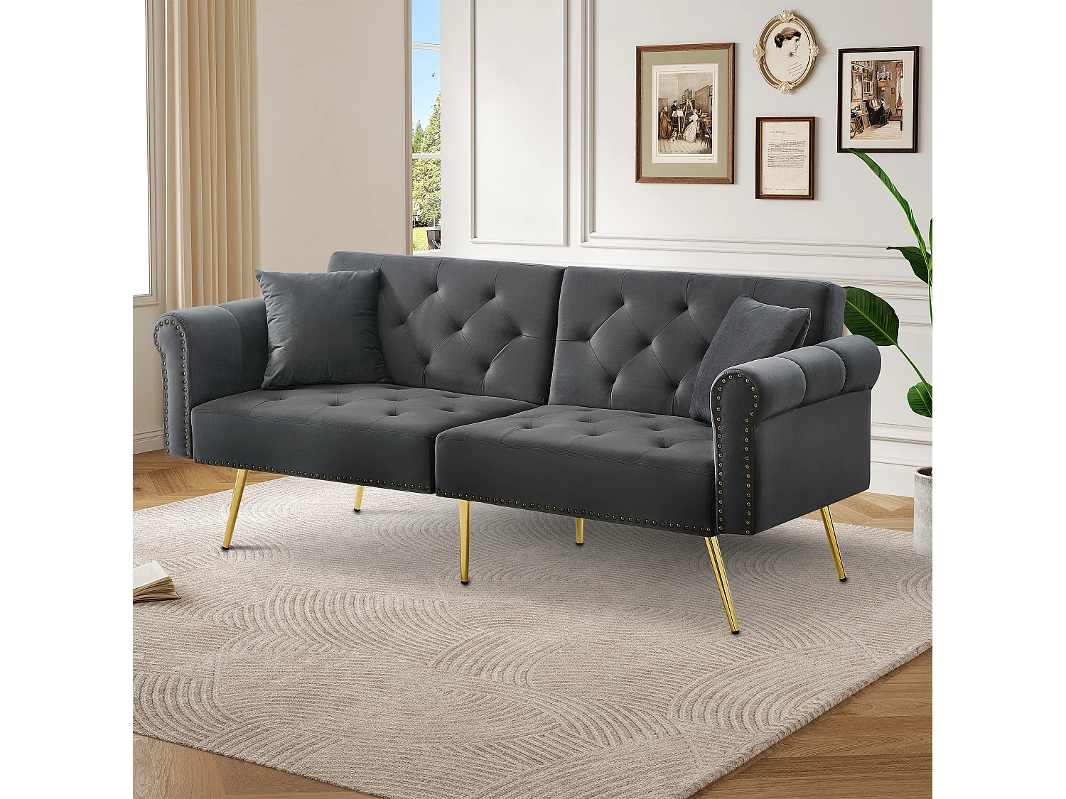 2-zits rechte slaapbank in grijs fluweel, 3-standen neerklapbare rugleuning - 173x75x70cm