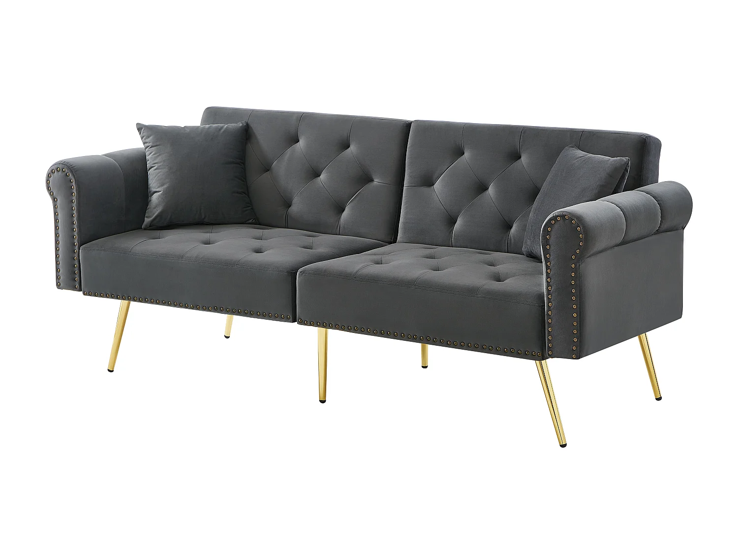 2-zits rechte slaapbank in grijs fluweel, 3-standen neerklapbare rugleuning - 173x75x70cm