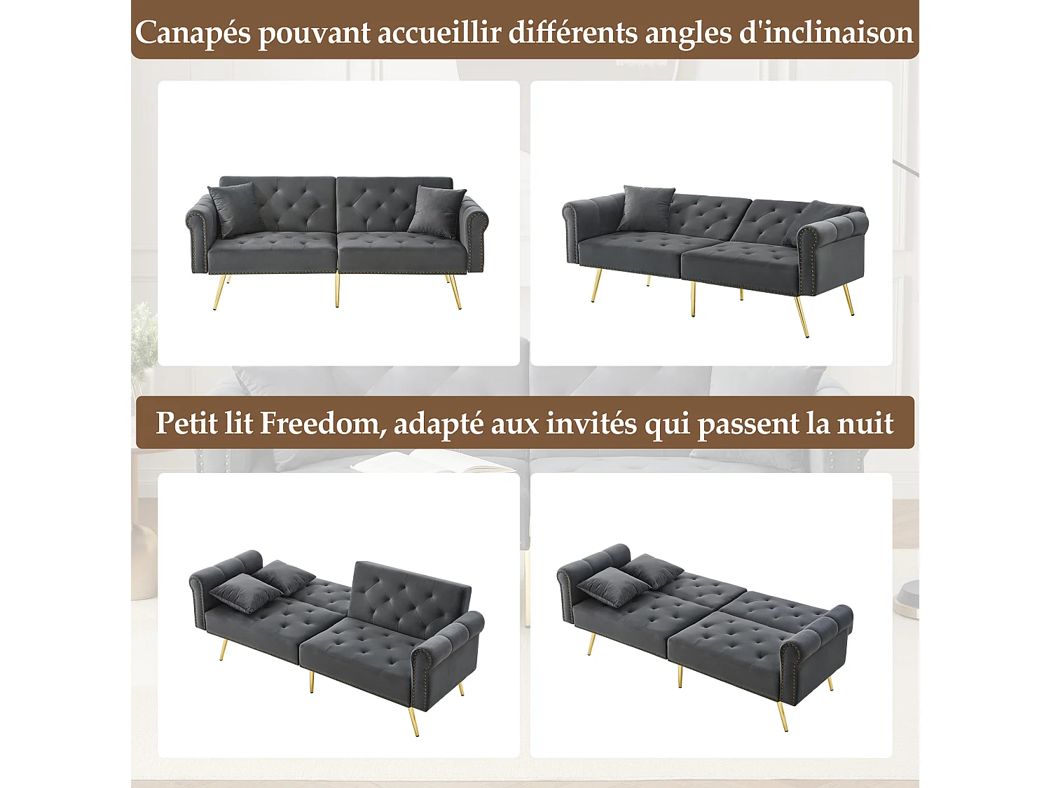 2-zits rechte slaapbank in grijs fluweel, 3-standen neerklapbare rugleuning - 173x75x70cm