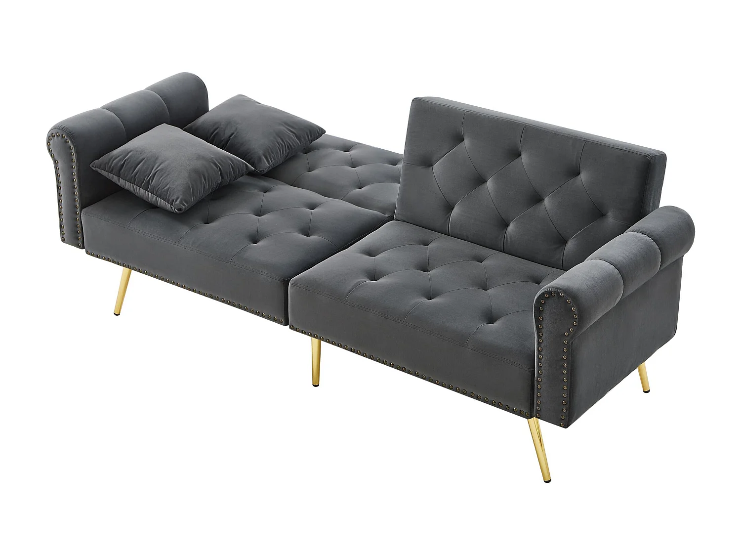 2-zits rechte slaapbank in grijs fluweel, 3-standen neerklapbare rugleuning - 173x75x70cm