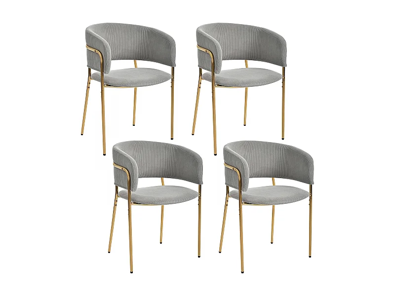 Lot de 4 chaises en velours côtelé gris, cadre en fer doré