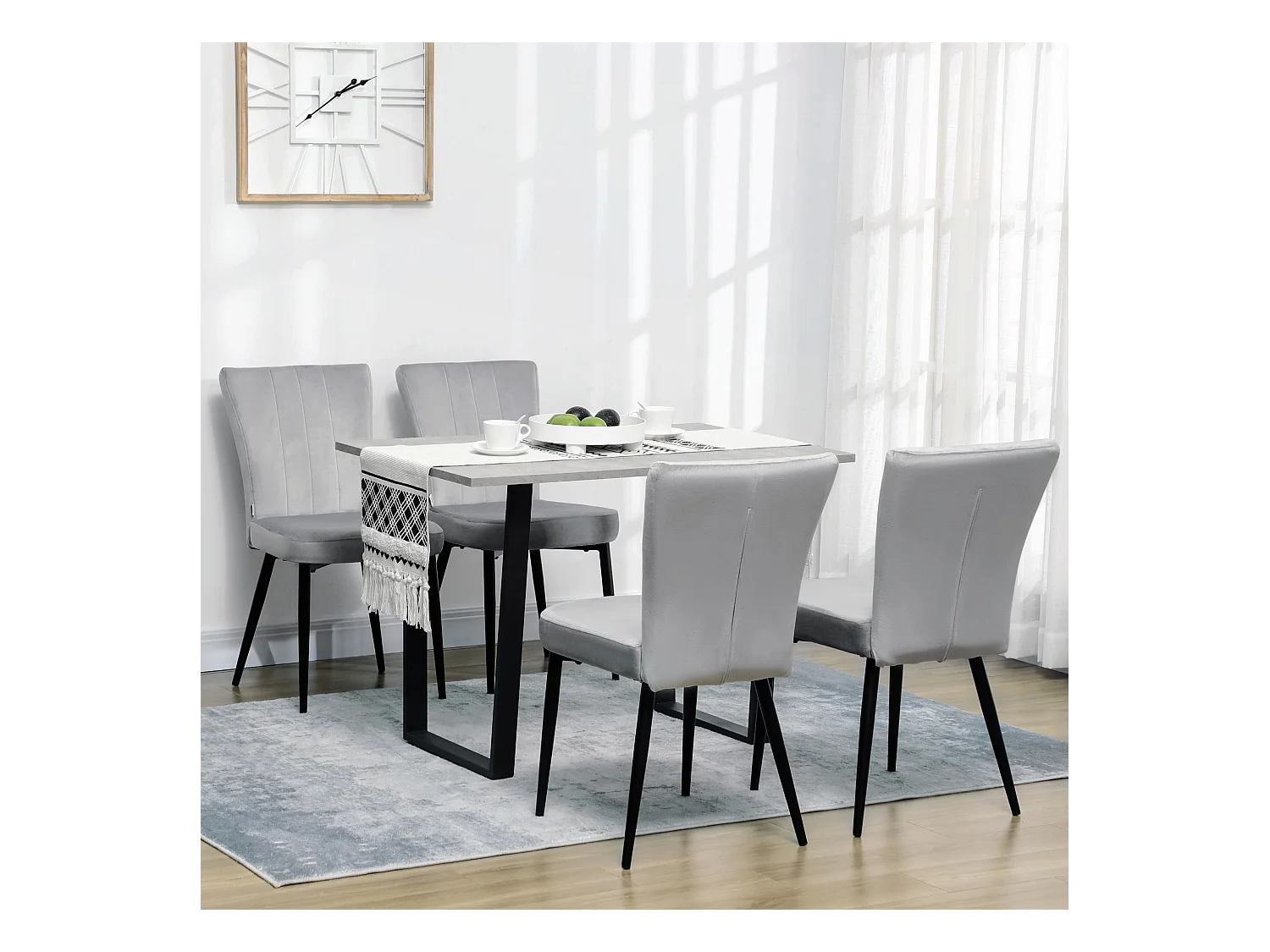 Lot de 4 chaises de cuisine en velours gris, pieds en métal noir