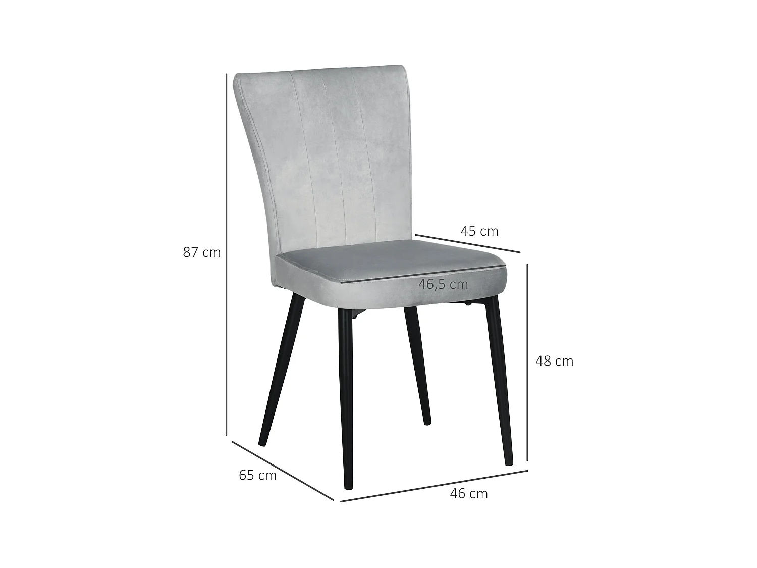 Lot de 4 chaises de cuisine en velours gris, pieds en métal noir