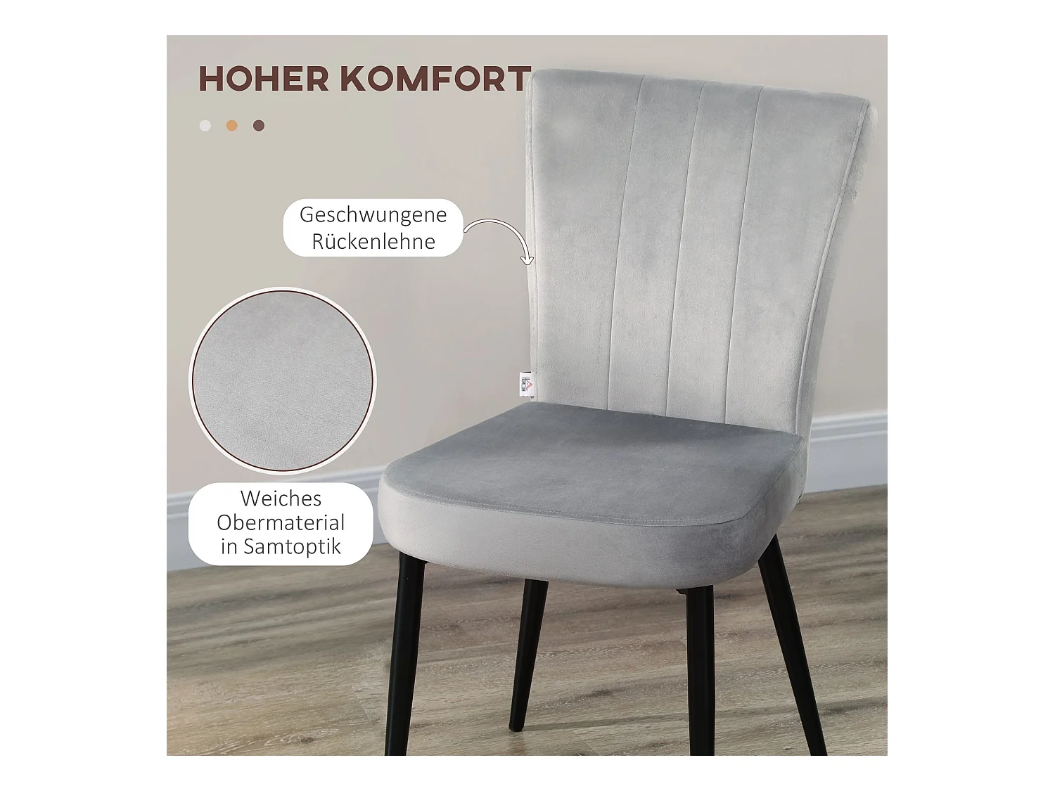 Lot de 4 chaises de cuisine en velours gris, pieds en métal noir