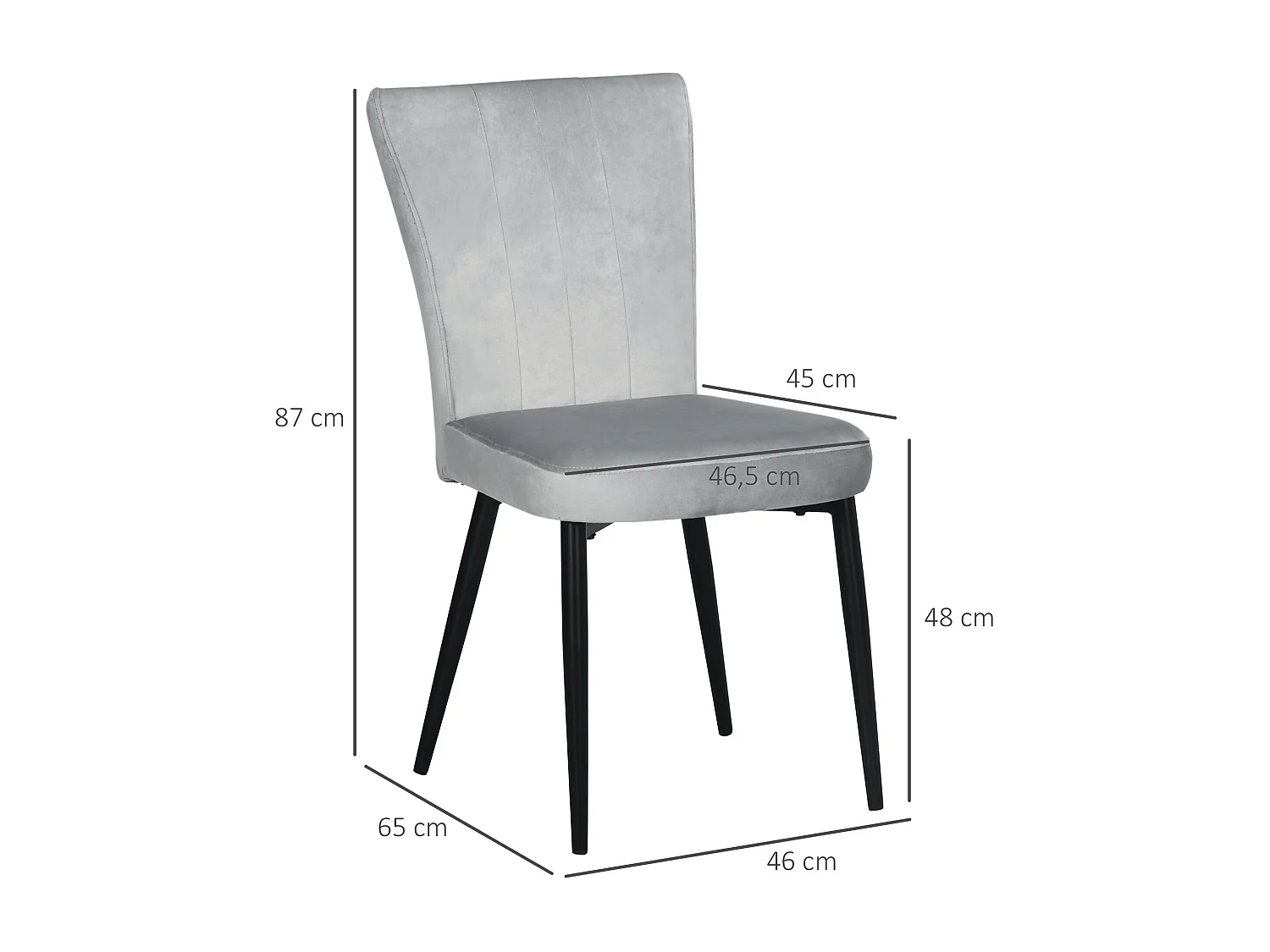 Lot de 4 chaises de cuisine en velours gris, pieds en métal noir
