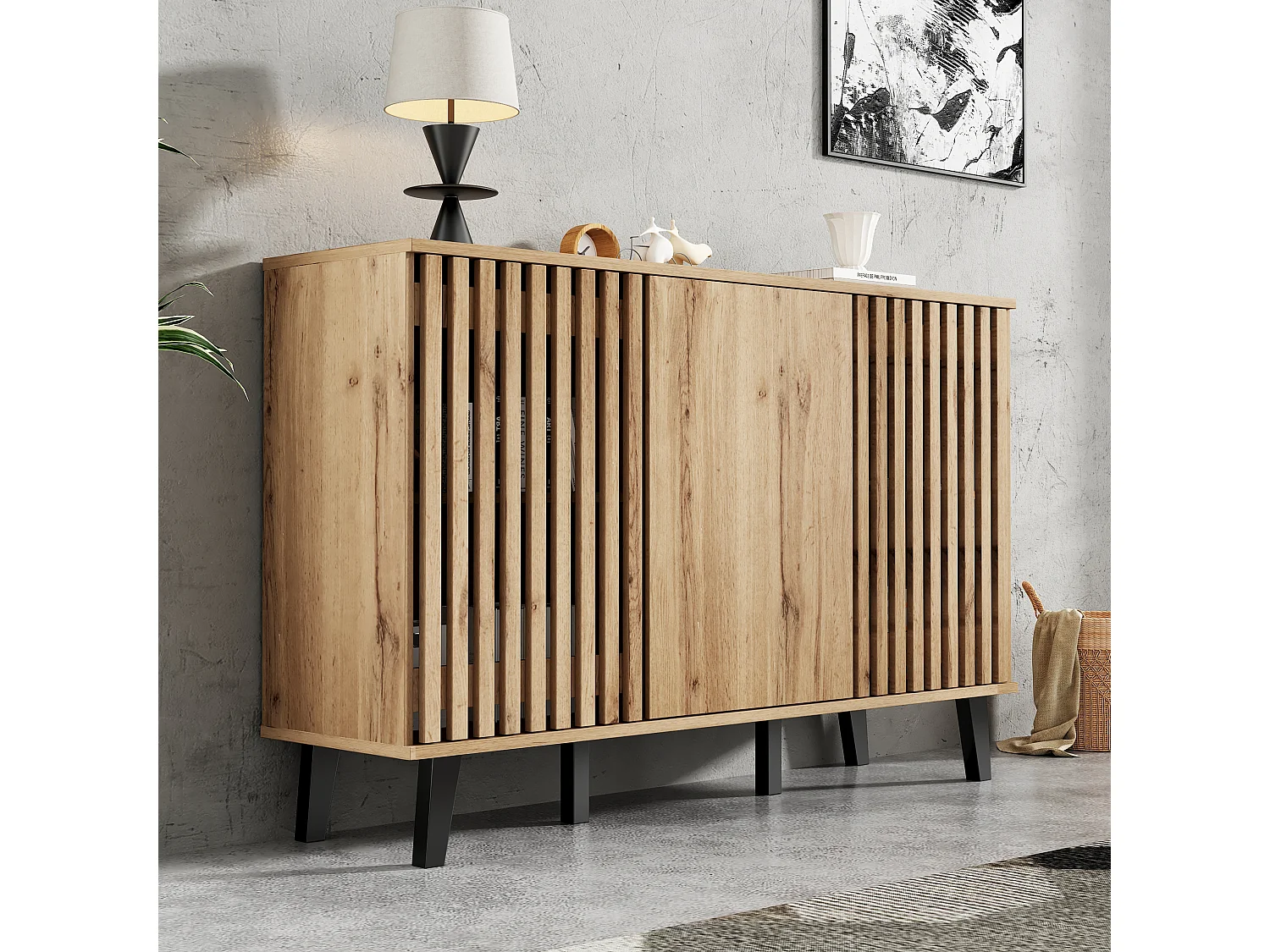 Buffet de cuisine 150x40x95cm avec 3 portes dont 2 portes ajourées, corps en placage bois naturel clair
