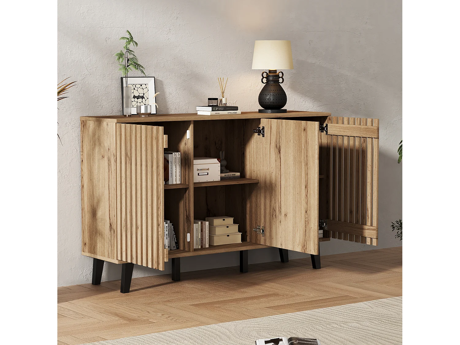 Buffet de cuisine 150x40x95cm avec 3 portes dont 2 portes ajourées, corps en placage bois naturel clair