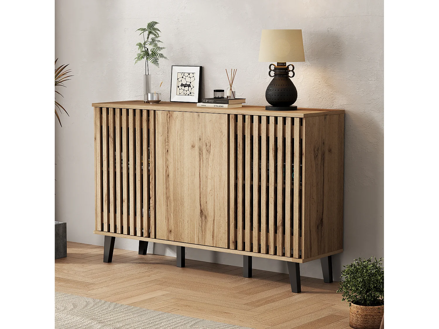 Buffet de cuisine 150x40x95cm avec 3 portes dont 2 portes ajourées, corps en placage bois naturel clair