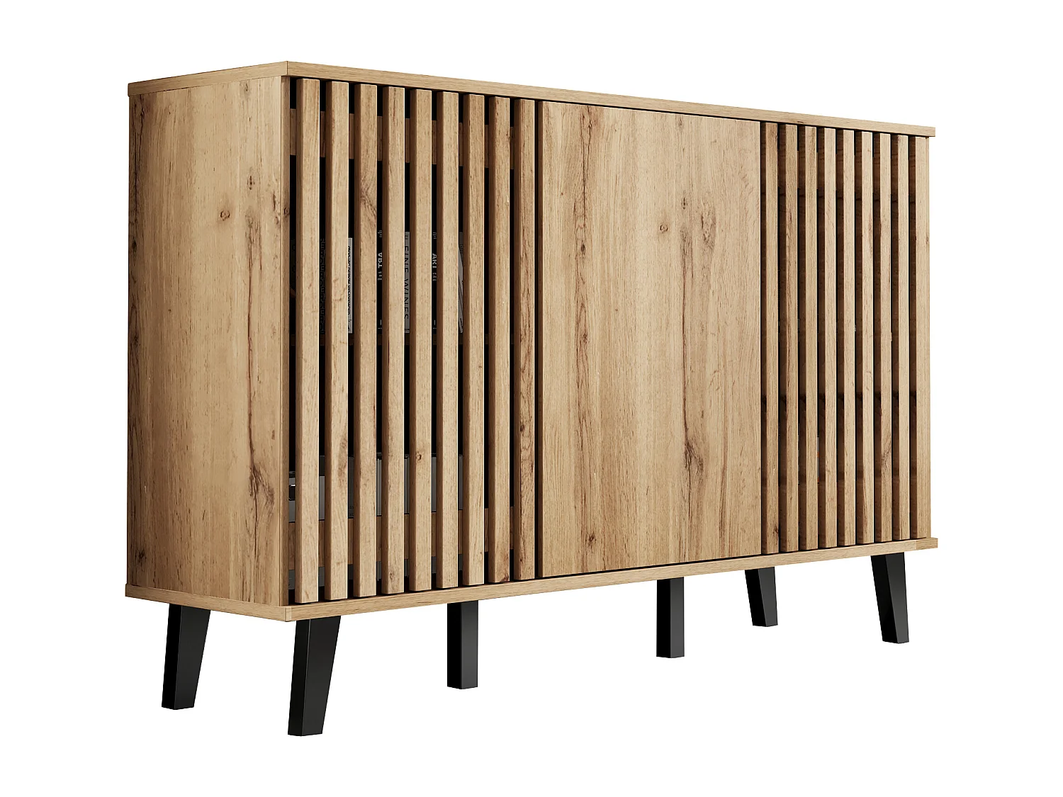 Buffet de cuisine 150x40x95cm avec 3 portes dont 2 portes ajourées, corps en placage bois naturel clair