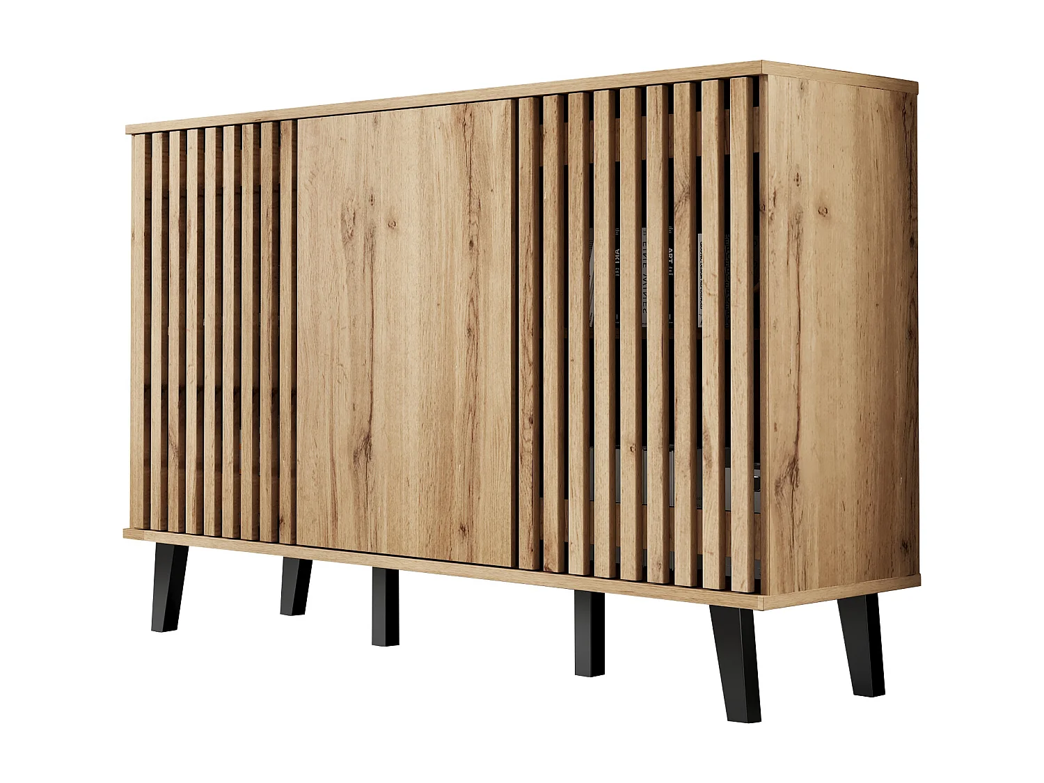 Buffet de cuisine 150x40x95cm avec 3 portes dont 2 portes ajourées, corps en placage bois naturel clair