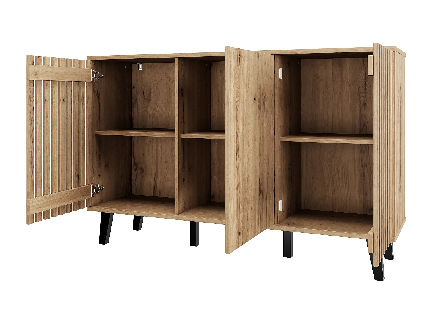Buffet de cuisine 150x40x95cm avec 3 portes dont 2 portes ajourées, corps en placage bois naturel clair