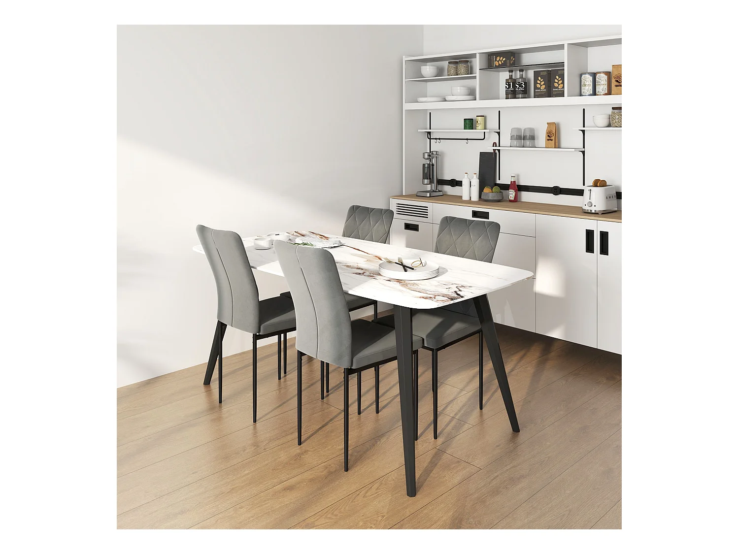 Lot de 4 chaises de cuisine rembourrés en velours gris, pieds en métal noir