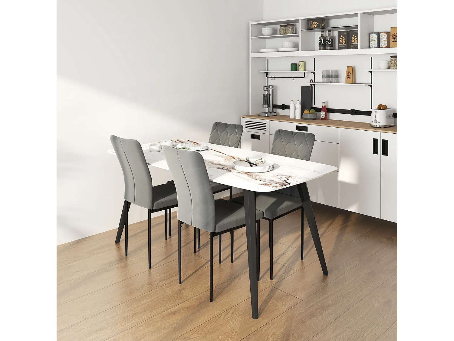 Lot de 4 chaises de cuisine rembourrés en velours gris, pieds en métal noir