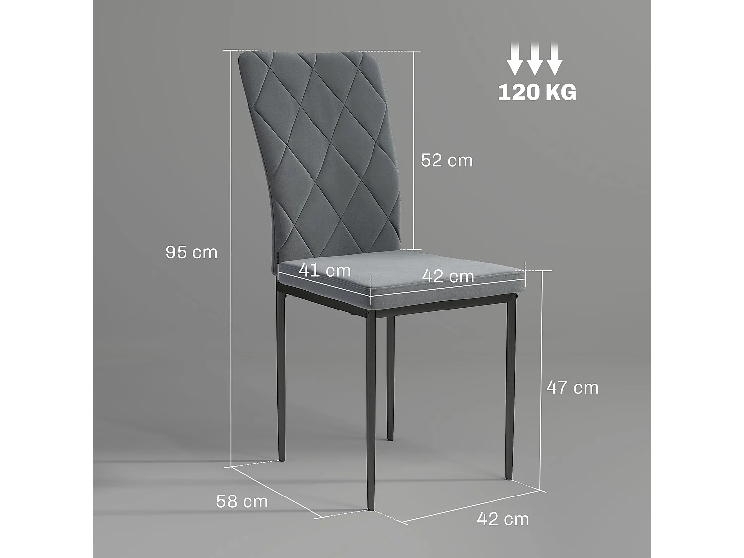 Lot de 4 chaises de cuisine rembourrés en velours gris, pieds en métal noir