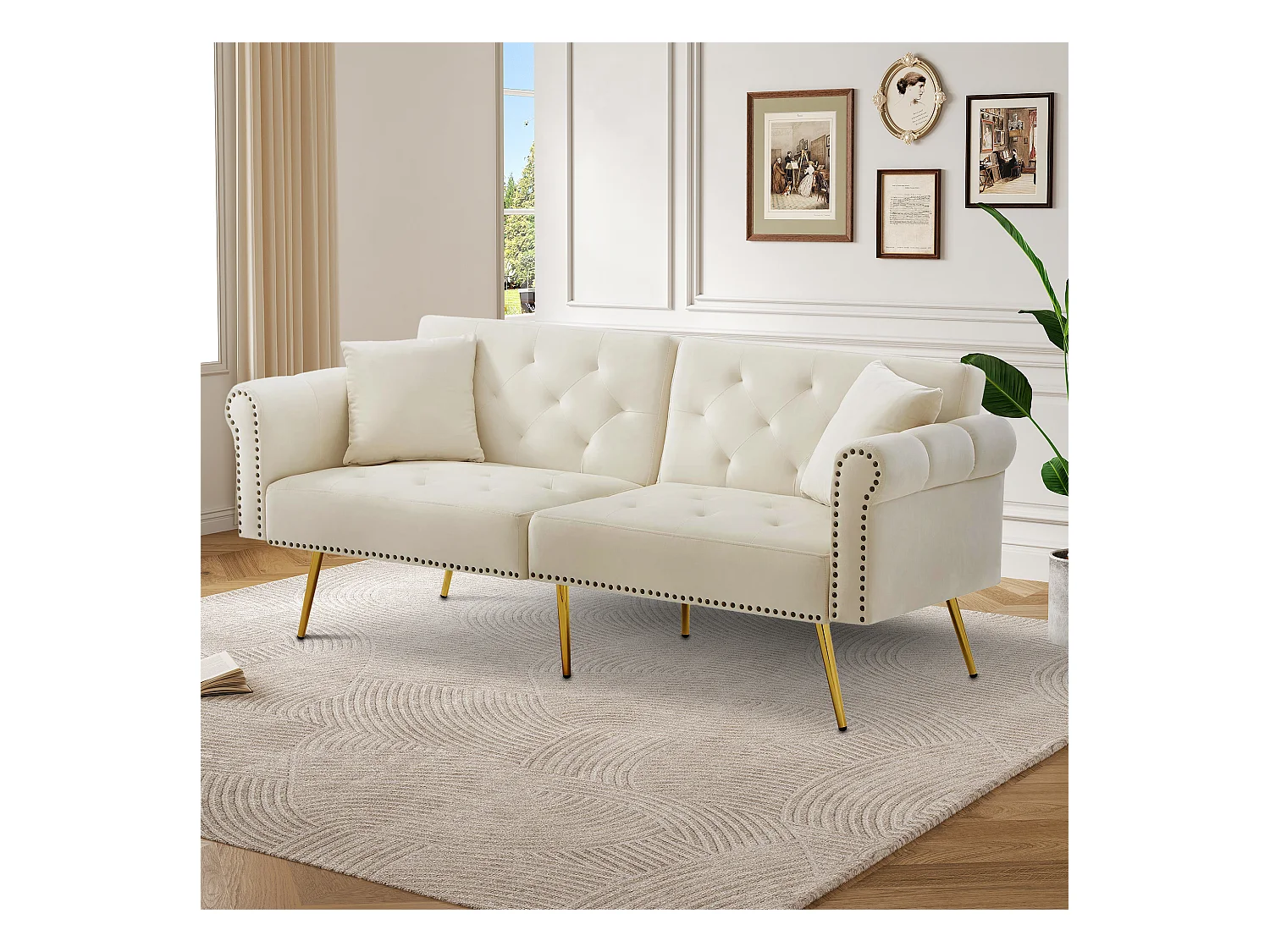 Canapé droit 2 places convertible en velours beige, dossier rabattable à 3 positions -173x75x70cm