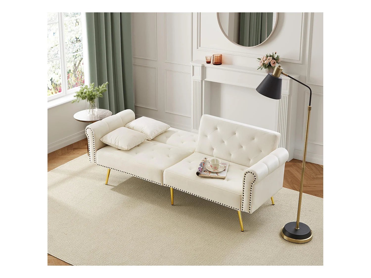 Canapé droit 2 places convertible en velours beige, dossier rabattable à 3 positions -173x75x70cm