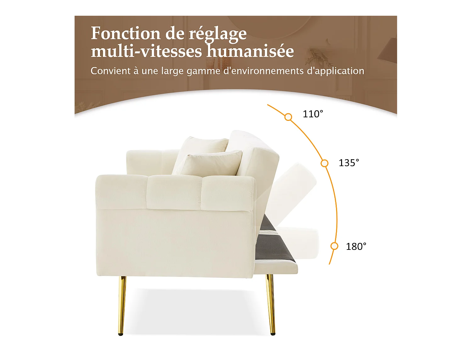 Canapé droit 2 places convertible en velours beige, dossier rabattable à 3 positions -173x75x70cm