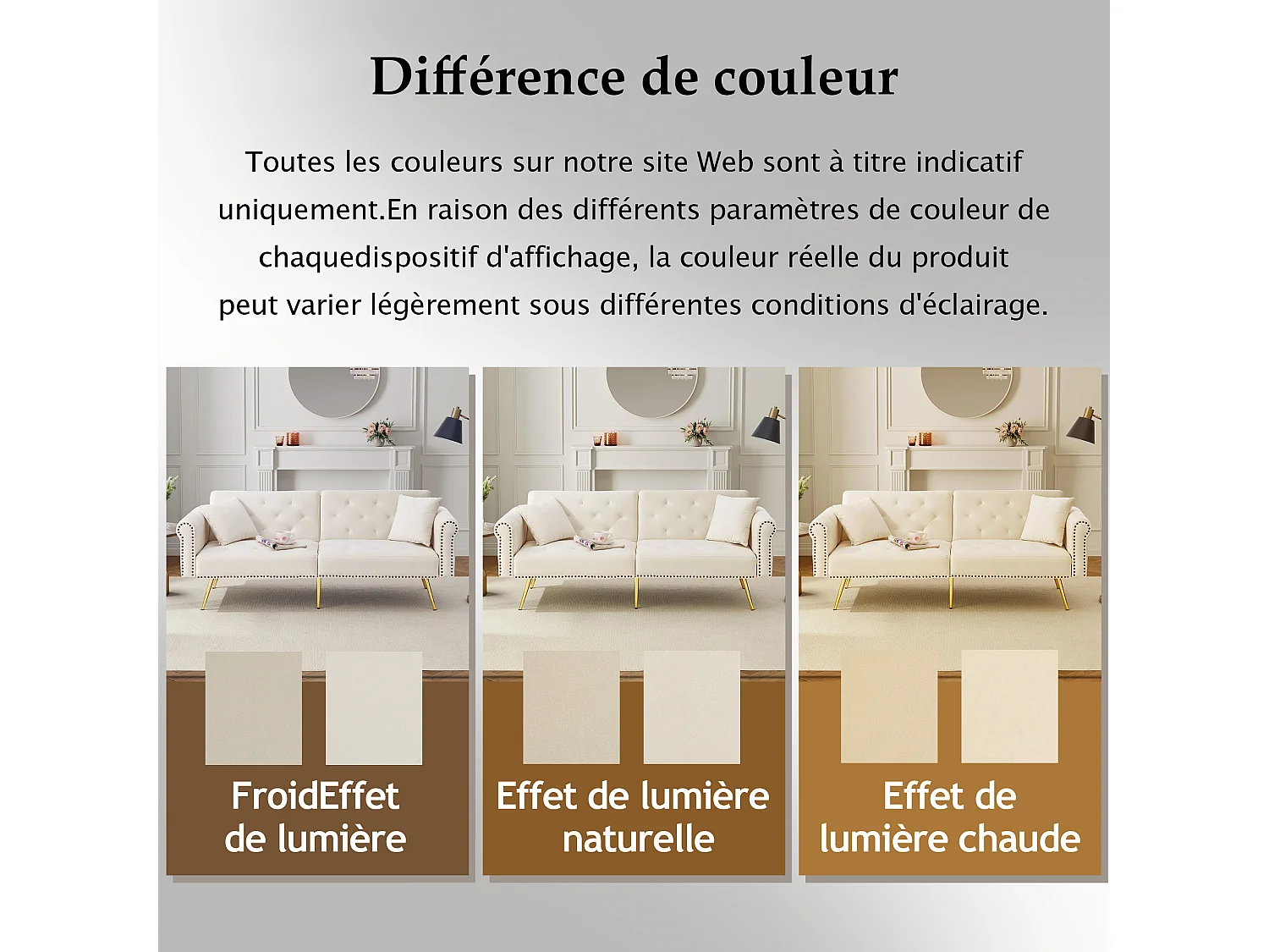 Canapé droit 2 places convertible en velours beige, dossier rabattable à 3 positions -173x75x70cm