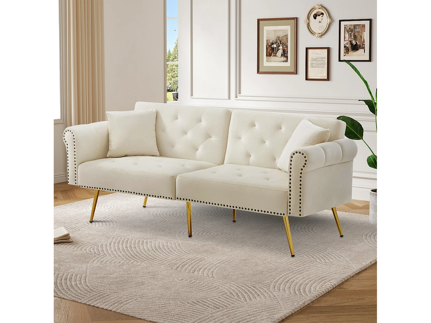 Sofá cama recto de 2 plazas en terciopelo beige, respaldo abatible en 3 posiciones - 173x75x70cm