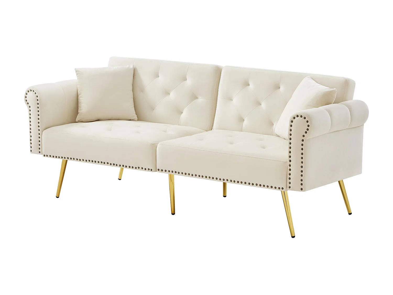 Sofá cama recto de 2 plazas en terciopelo beige, respaldo abatible en 3 posiciones - 173x75x70cm