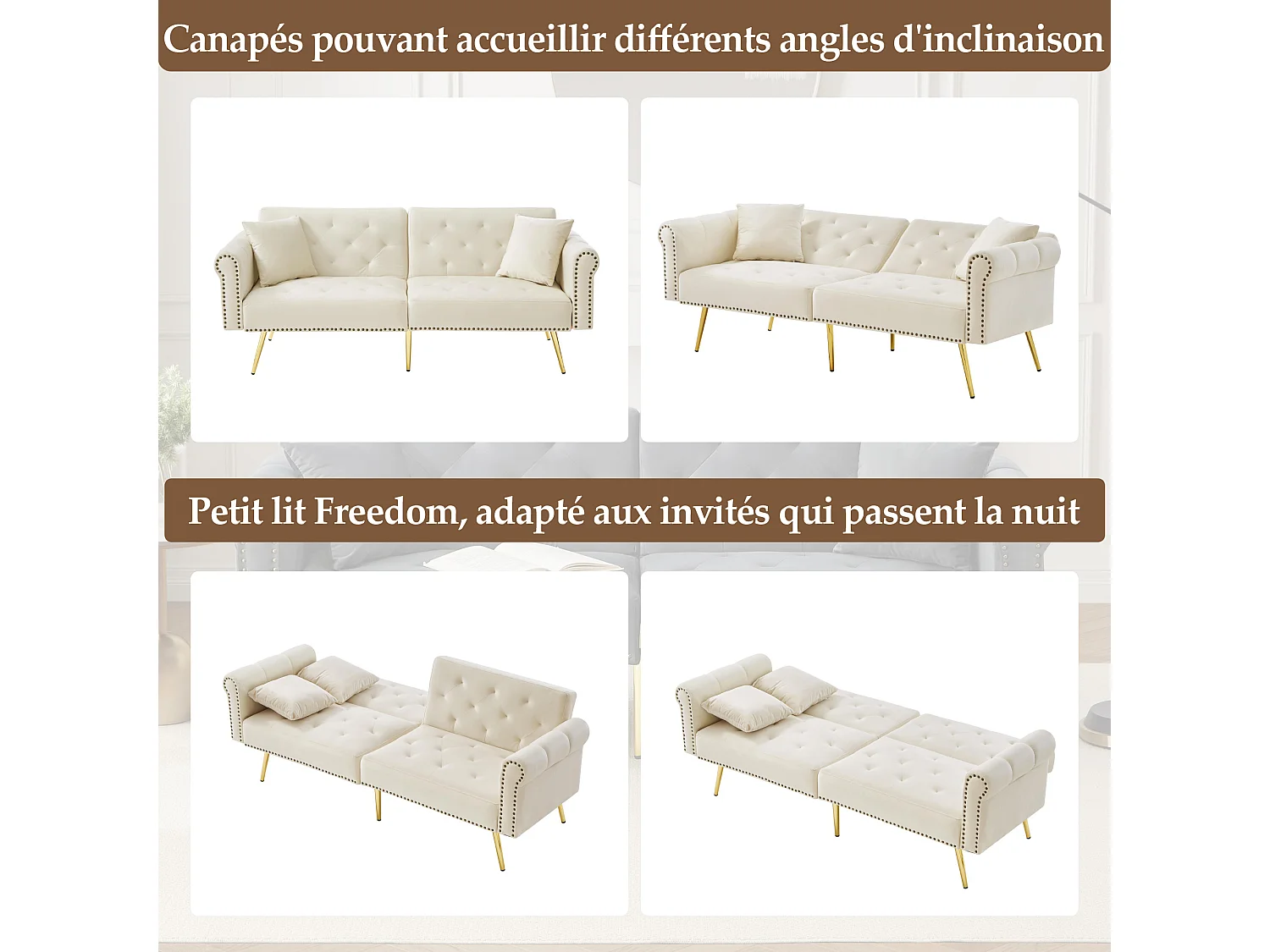 Sofá cama recto de 2 plazas en terciopelo beige, respaldo abatible en 3 posiciones - 173x75x70cm