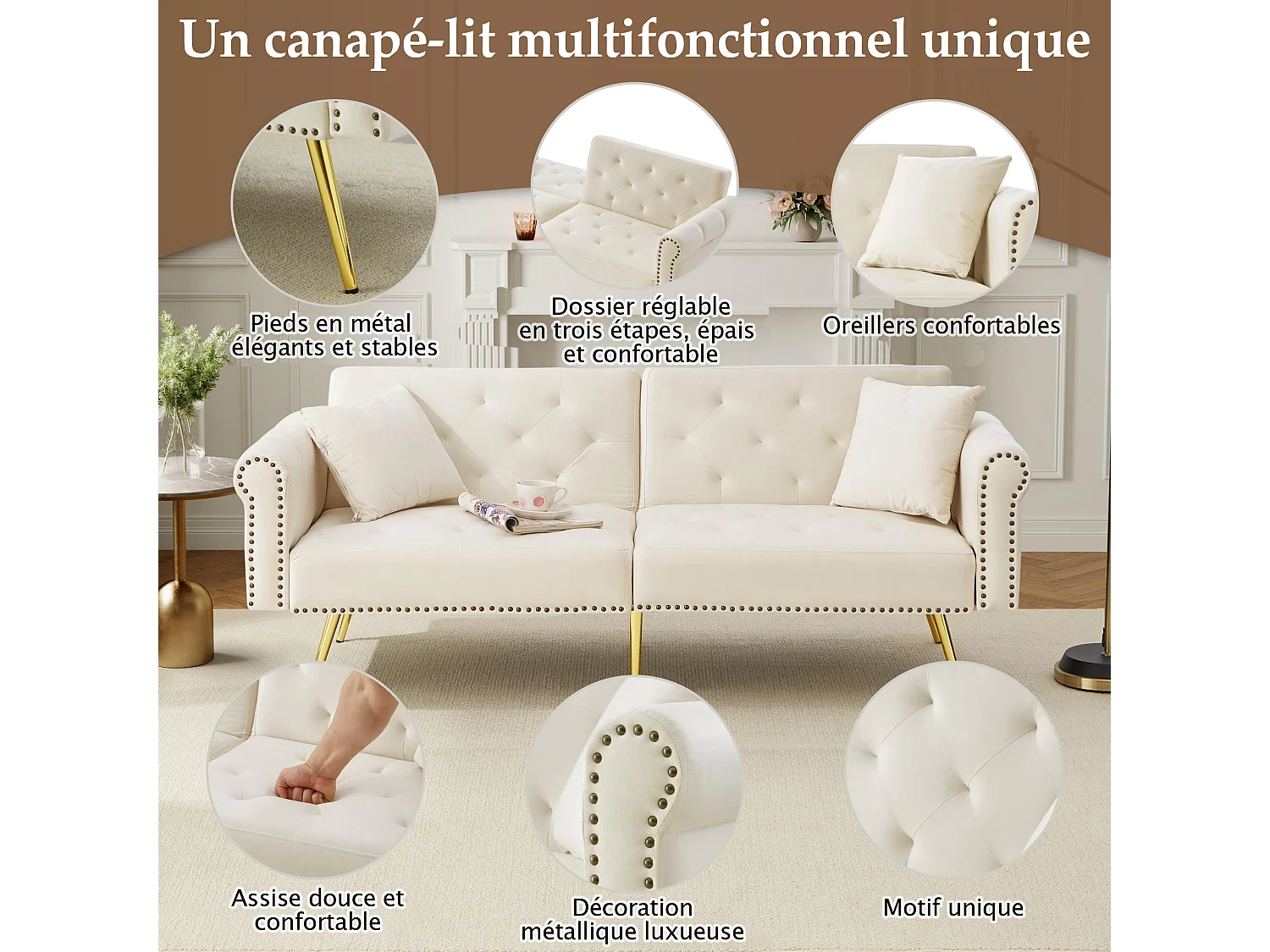 Sofá cama recto de 2 plazas en terciopelo beige, respaldo abatible en 3 posiciones - 173x75x70cm