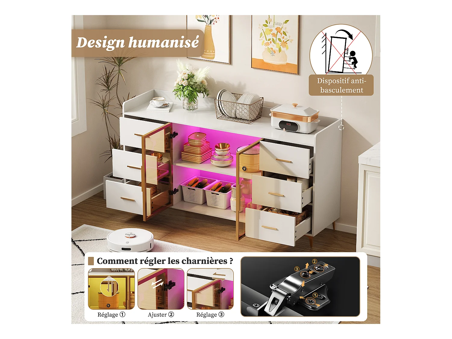 Buffet de cuisine 160x44x87cm avec 6 tiroirs et 2 portes en verre, LED inclus, cadre en MDF, blanc et doré