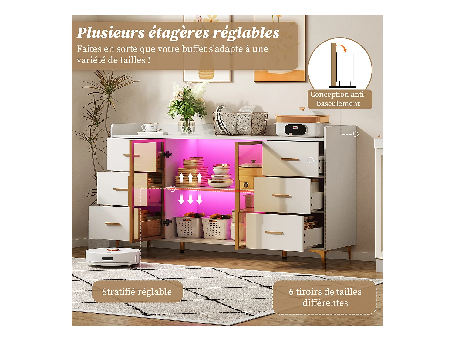 Buffet de cuisine 160x44x87cm avec 6 tiroirs et 2 portes en verre, LED inclus, cadre en MDF, blanc et doré