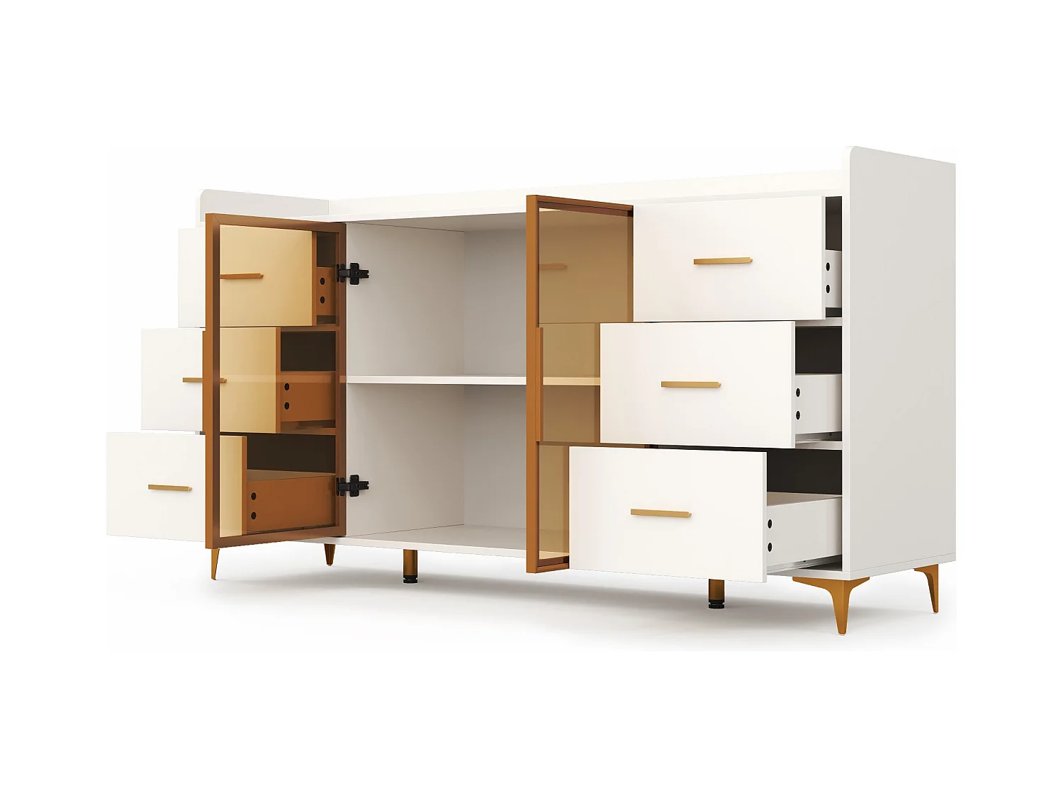 Buffet de cuisine 160x44x87cm avec 6 tiroirs et 2 portes en verre, LED inclus, cadre en MDF, blanc et doré