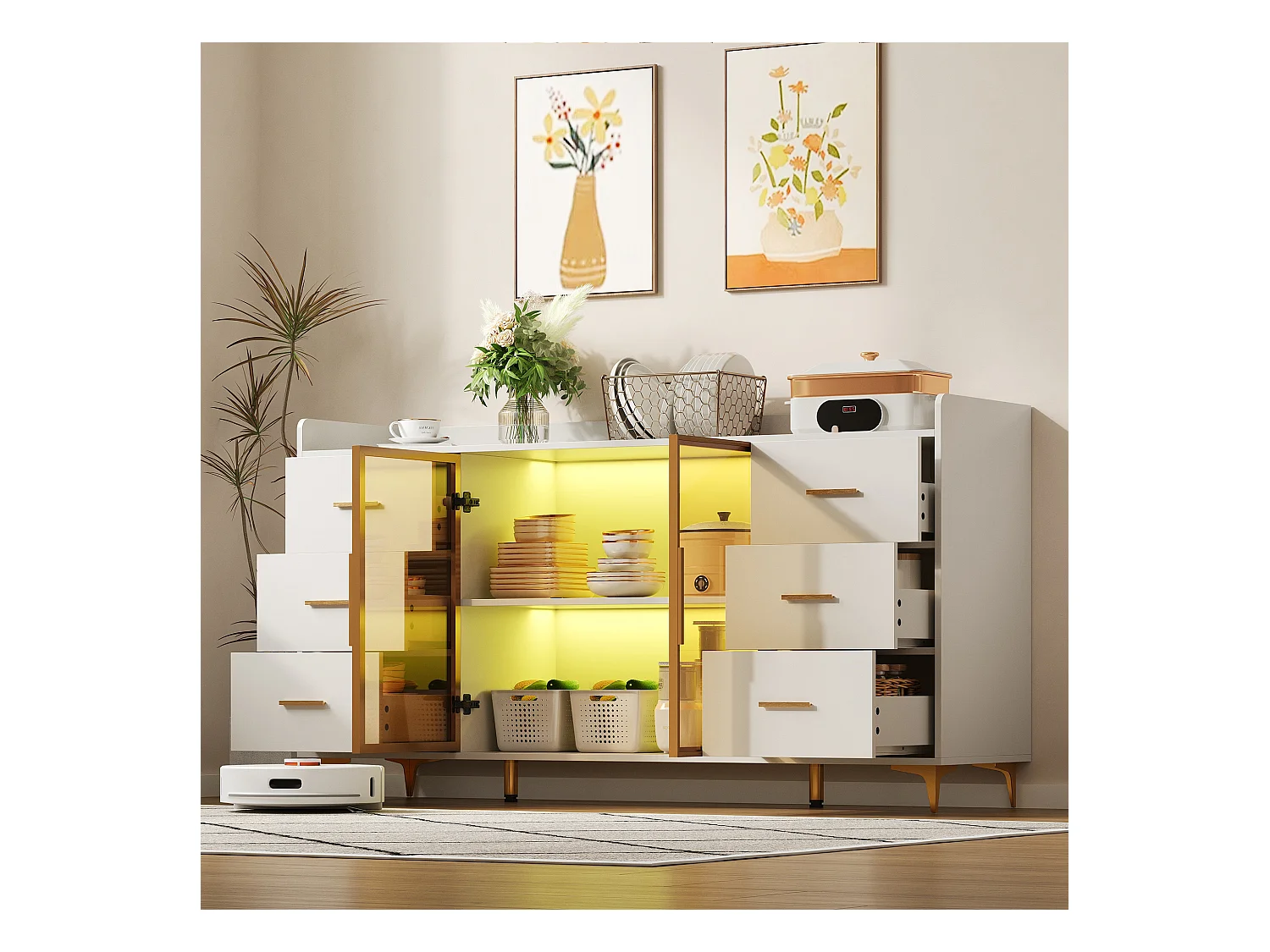 Buffet de cuisine 160x44x87cm avec 6 tiroirs et 2 portes en verre, LED inclus, cadre en MDF, blanc et doré