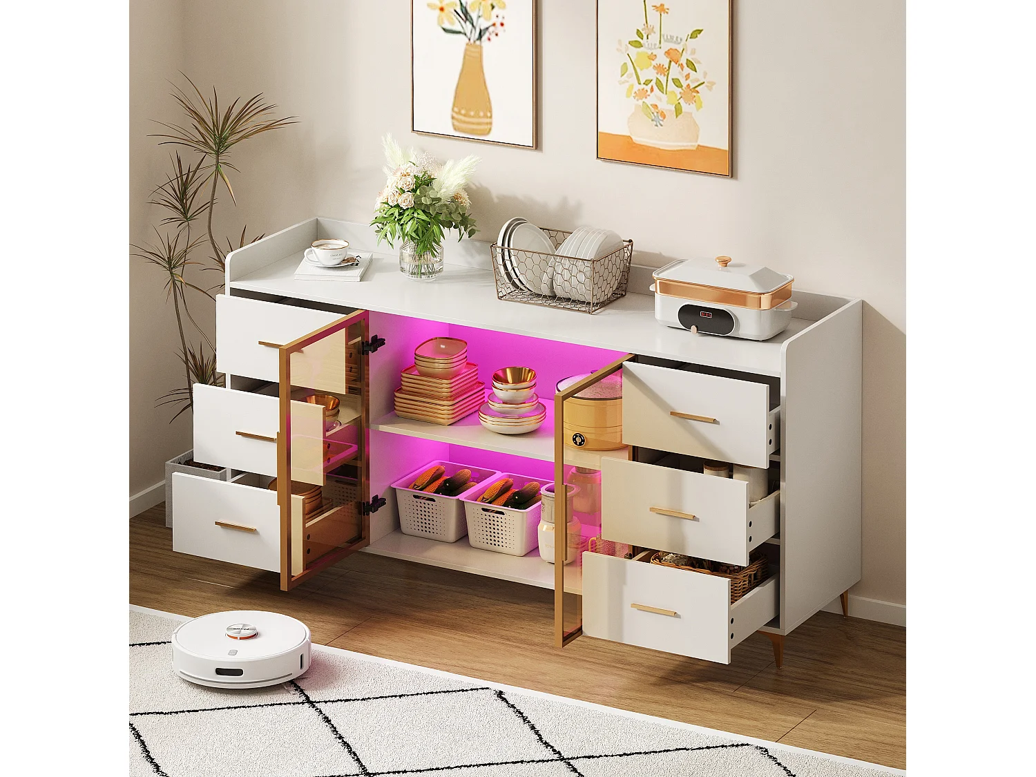 Aparador de cozinha 160x44x87cm com 6 gavetas e 2 portas de vidro, LED incluído, estrutura em MDF, branco e dourado