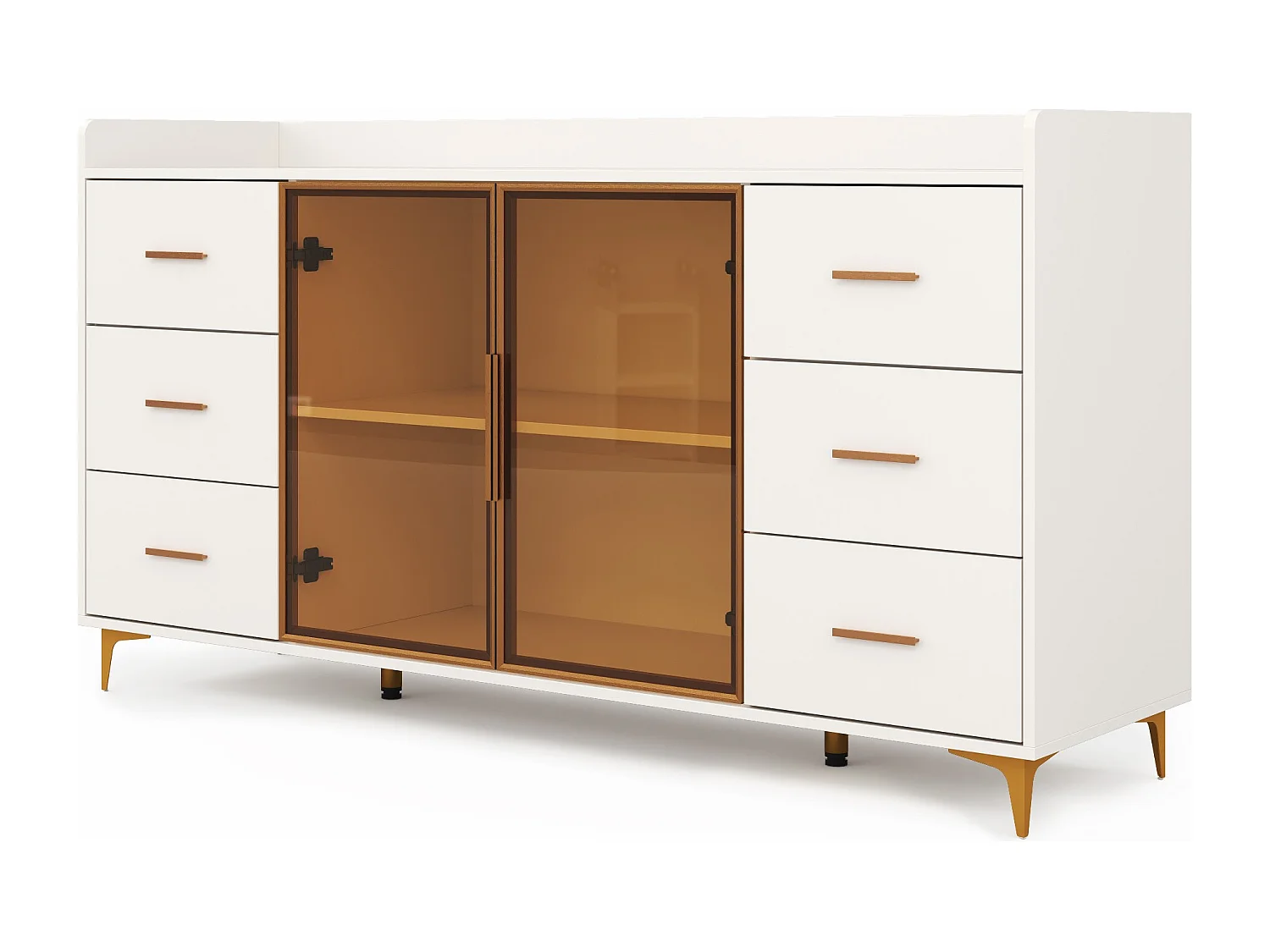 Aparador de cozinha 160x44x87cm com 6 gavetas e 2 portas de vidro, LED incluído, estrutura em MDF, branco e dourado