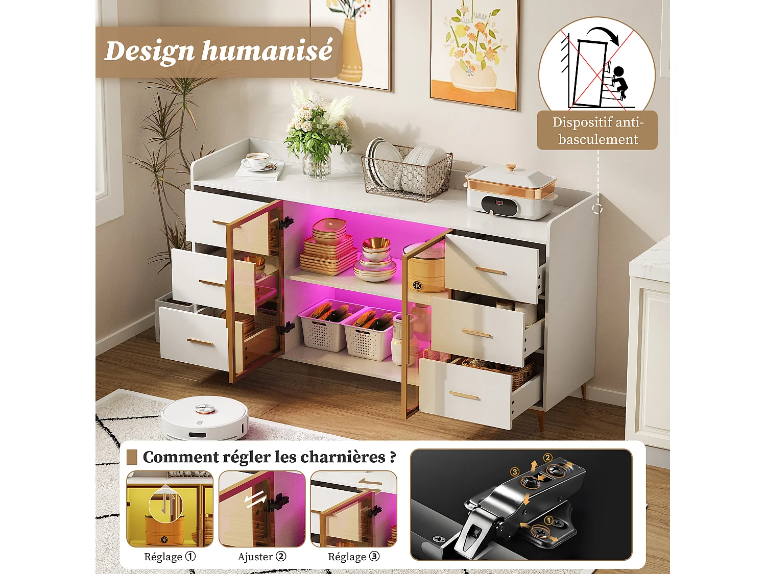 Aparador de cozinha 160x44x87cm com 6 gavetas e 2 portas de vidro, LED incluído, estrutura em MDF, branco e dourado