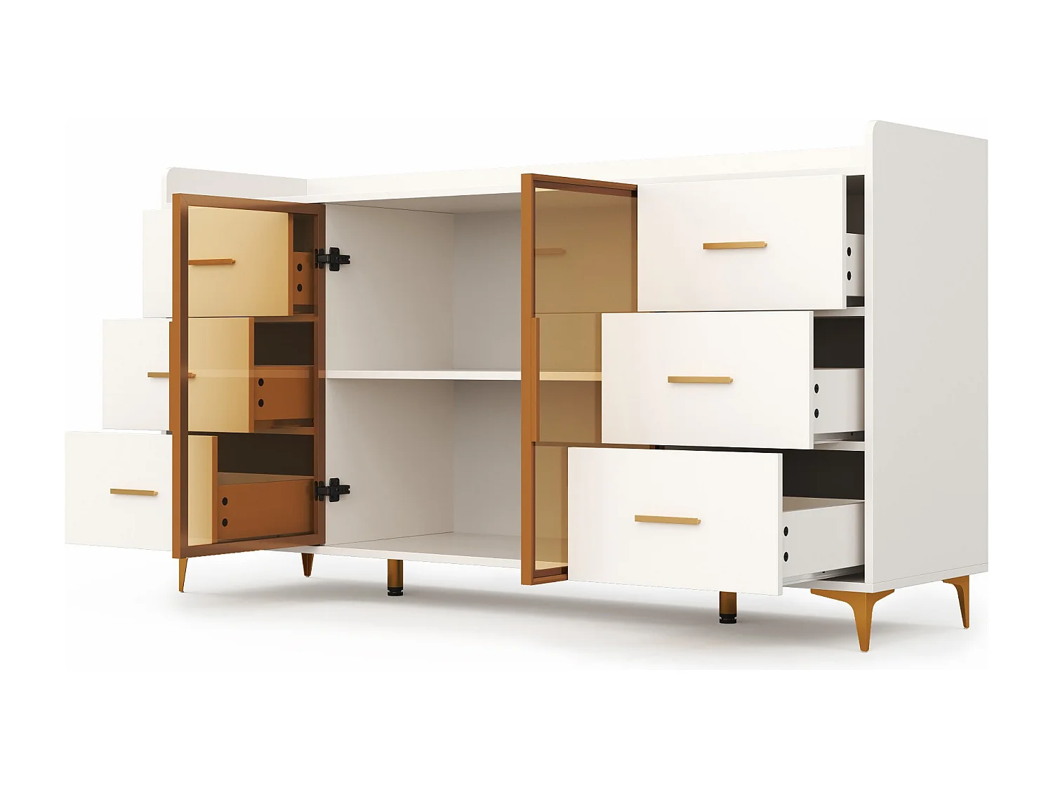 Aparador de cozinha 160x44x87cm com 6 gavetas e 2 portas de vidro, LED incluído, estrutura em MDF, branco e dourado