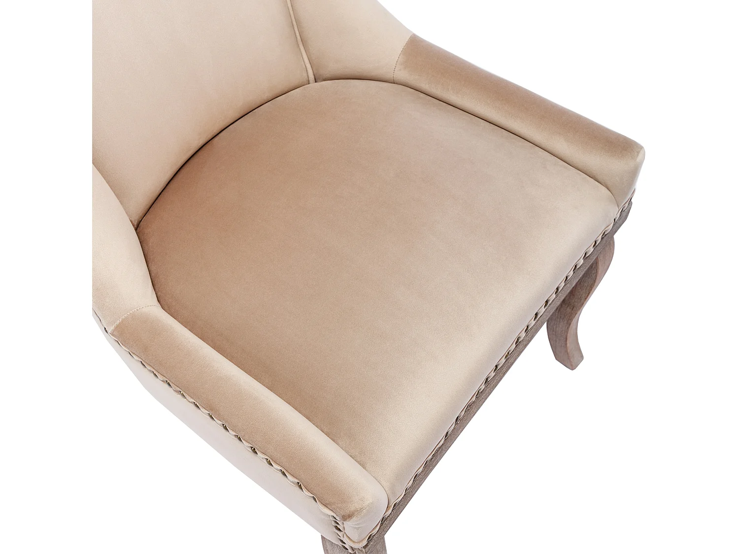 Lot de 2 chaises en velours beige avec pieds en bois courbés, rivets dorés