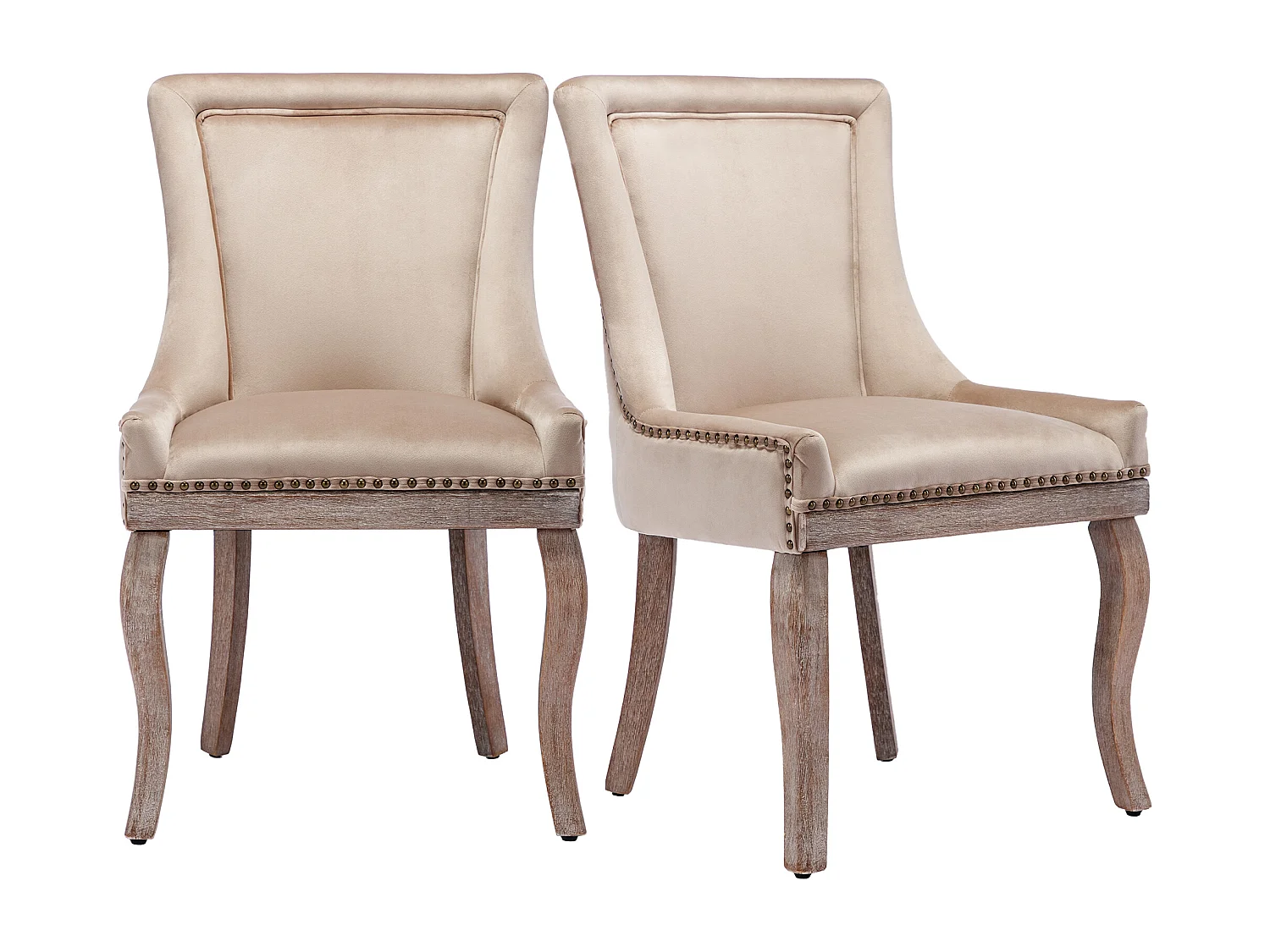 Lot de 2 chaises en velours beige avec pieds en bois courbés, rivets dorés
